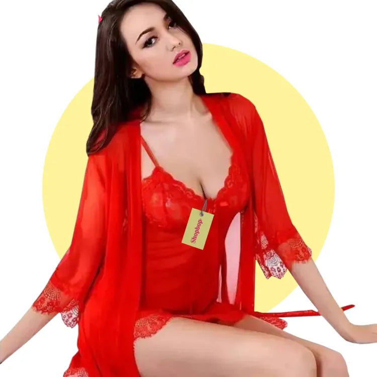 Sexy Short Nighty With Gown - 3Pcs Nightdress for Romantic Couple